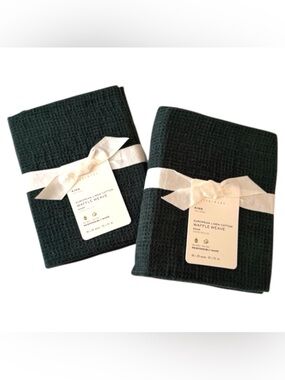 2 Pottery Barn European Linen Cotton WAFFLE WEAVE KING Shams Pine Dark Green NWT